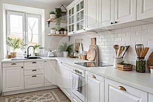 Light kitchen with white counters and utensils