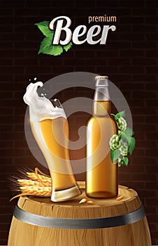 Light lager beer in glass cup and glass bottle on wood barrel with wheat, refreshing drink with white foam in 3d