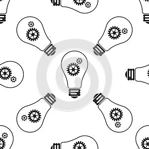 Light lamp sign icon seamless pattern on white background. Bulb with gears and cogs working together symbol. Idea