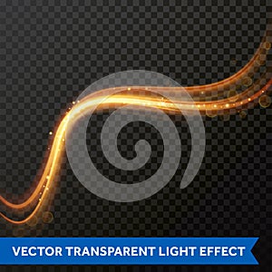 Light line gold swirl effect. Vector glitter light fire flare trace