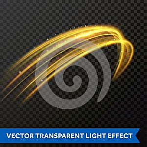 Light line gold swirl effect. Vector glitter light fire flare trace photo