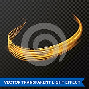 Light line gold swirl effect. Vector glitter light fire flare trace