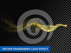 Light line gold wave effect of magic sparkle trail on transparent background. Vector glitter light particles flare trace and bokeh