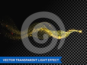 Light line gold wave effect of magic sparkle trail on transparent background. Vector glitter light particles flare trace and bokeh photo