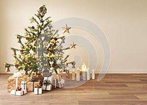 Light living room Christmas interior in Scandinavian style. Beautiful Christmas tree with gift boxes and lighting. Beige empty