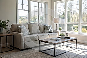 Light living room with grey sofa and coffee table