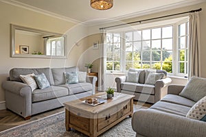 Light living room with grey sofas and large window