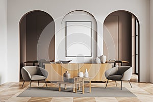 Light living room interior with armchairs and dining area, mockup frame