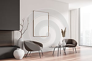 Light living room interior with armchairs, fireplace and window, mockup frame