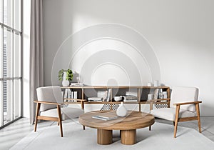 Light living room interior with chairs and decoration. Mockup empty wall