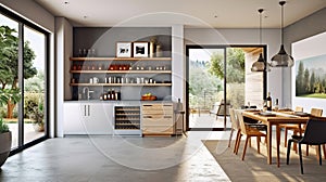 Light living room interior with dining table and glass doors into cooking area. Shelves with kitchenware, grey concrete floor.