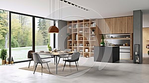 Light living room interior with dining table and glass doors into cooking area. Shelves with kitchenware, grey concrete floor.