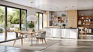 Light living room interior with dining table and glass doors into cooking area. Shelves with kitchenware, grey concrete floor.