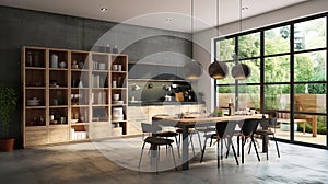 Light living room interior with dining table and glass doors into cooking area. Shelves with kitchenware, grey concrete floor.