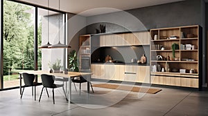 Light living room interior with dining table and glass doors into cooking area. Shelves with kitchenware, grey concrete floor.