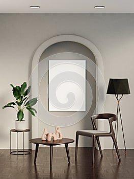 Light living room interior dresser art decoration, mockup frame. 3d render illustration