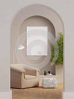 Light living room interior dresser and shelf with art decoration, mockup frame. 3d render illustration