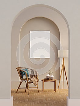 Light living room interior dresser and shelf with art decoration, mockup frame. 3d render illustration