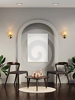 Light living room interior dresser and shelf with art decoration, mockup frame. 3d render illustration