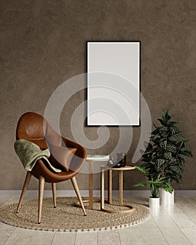 Light living room interior dresser and shelf with art decoration, mockup frame. 3d render illustration