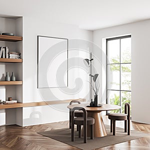 Light living room interior with table and chairs, shelf and window. Mockup frame