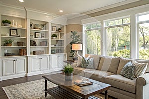 Light living room with sofa and shelving units