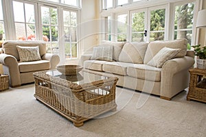 Light living room with sofas and rattan table