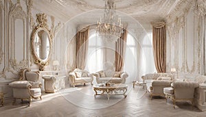 Light luxury royal posh interior in baroque style. White hall expensive oldstyle furniture.