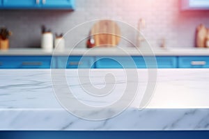 Light marble table with blurred modern blue colored kitchen set, photorealistic blurred bokeh background with copyspace