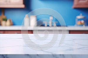 Light marble table with blurred modern blue colored kitchen set, photorealistic blurred bokeh background with copyspace