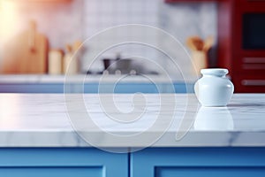 Light marble table with blurred modern blue colored kitchen set, photorealistic blurred bokeh background with copyspace