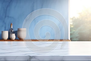 Light marble table with blurred modern blue colored kitchen set, photorealistic blurred bokeh background with copyspace