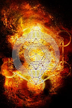 Light merkaba in cosmic space. Sacred geometry. Fire effect.