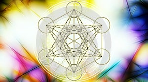 Light merkaba and Flower of life on abstract color background and fractal structure. Sacred geometry.