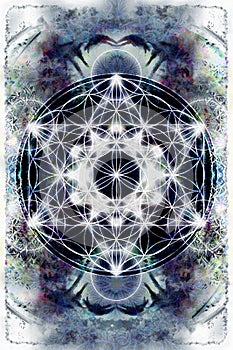 Light merkaba and Flower of life on abstract color background. Sacred geometry.