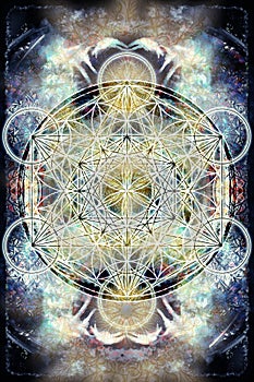 Light merkaba and Flower of life on abstract color background. Sacred geometry.