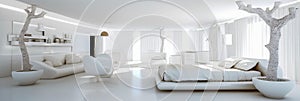 light modern bedroom interior design, eco-futuristic in white tones, light, minimalistic eco concept of the future