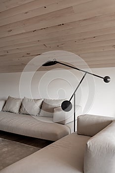 Light modern interior with sloping wooden ceiling