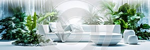 light modern living room interior design, eco-futuristic in white tones, light, minimalistic eco concept of the future