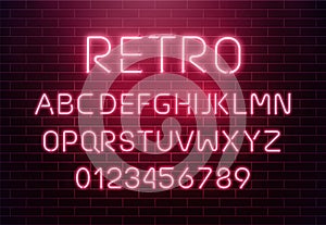 Light neon font letter set. Bar sign vector type. Glowing casino and cinema red text alphabet on brick wall background