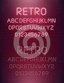 Light neon font letter set. Bar sign vector type. Glowing casino and cinema red text alphabet on brick wall background