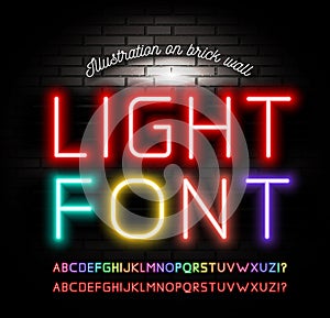 Light neon fonts on brick wall background. Vector