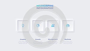 Light neumorphic horizontal progress diagram with 4 square elements. Infographic design template