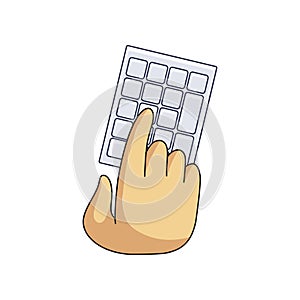 Light number keyboard and user hands on keys isolated on white background