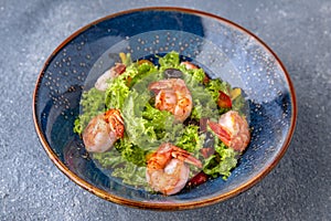 A light, nutritious salad of shrimp, lettuce and olives. Natural delicious food. Greek cuisine menu. Still life in a marine style