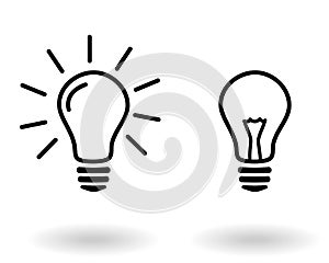 Light off and light on lightbulb glowing and turned off electric light bulb simple black outline vector icon set, eps10
