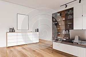 Light office interior with drawer, table and cabinet with decor. Mockup frame