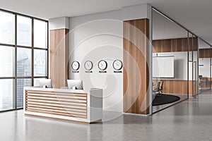 Light office interior with reception and conference area. Mockup project screen