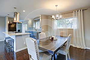 Light and open dining area in one story rambler.