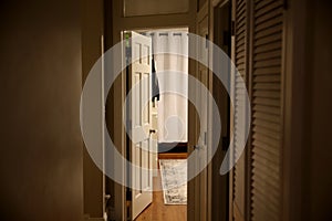 Light from the open door to the dark corridor of the apartment. Interior empty house with wooden floor